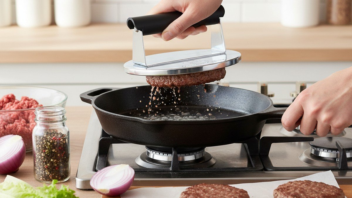 smash burger press - Stainless Steel Burger Press with Heat Resistant Handle