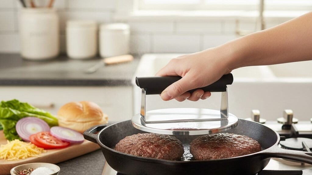 smash burger press - Stainless Steel Burger Press with Heat Resistant Handle