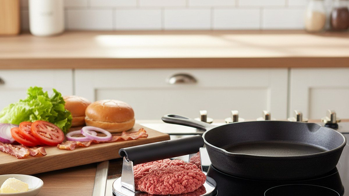 smash burger press - Stainless Steel Burger Press with Heat Resistant Handle